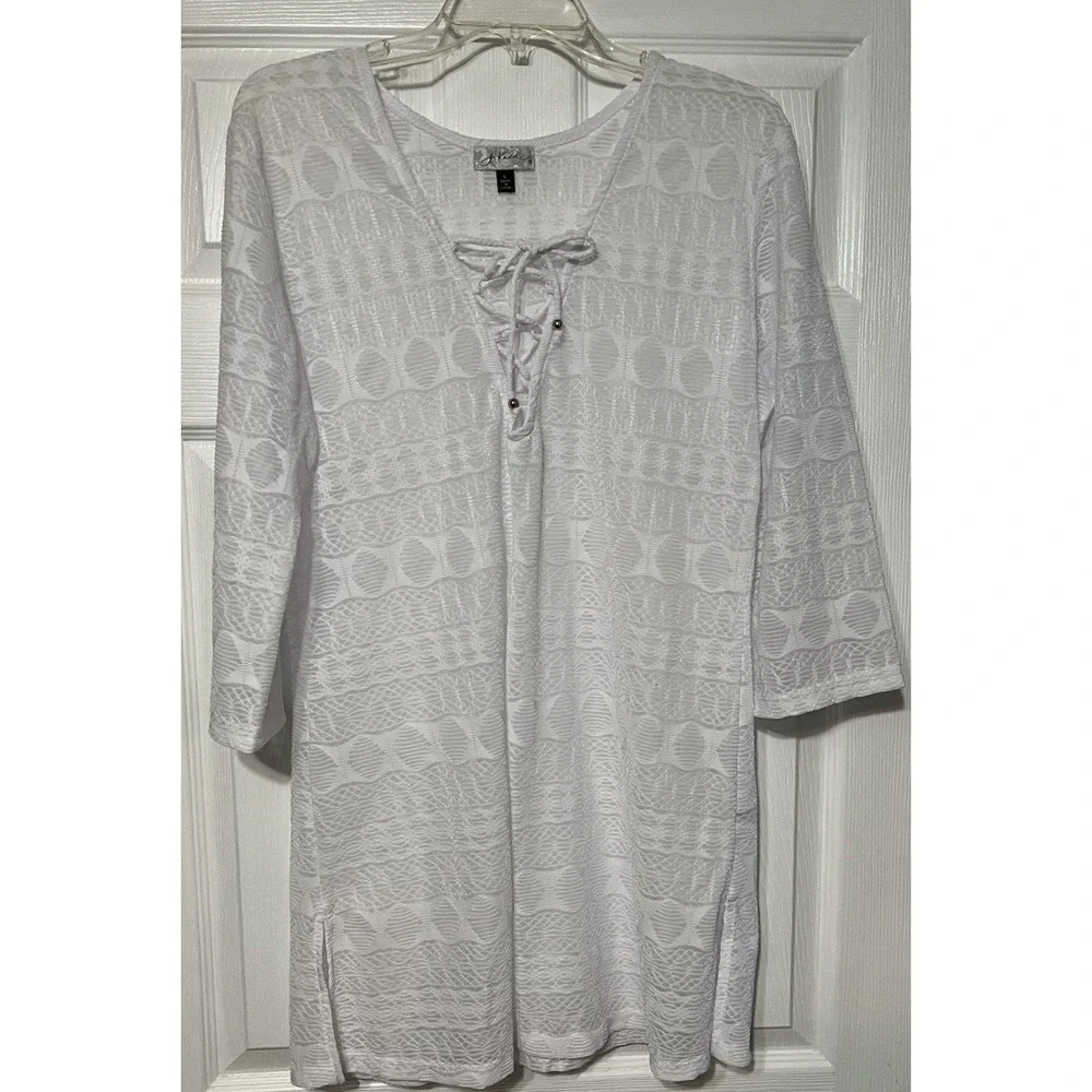 J‎ Valdi Large Cover Up Swimwear Printed Lace-Up-Neck White